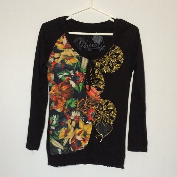 Desigual Womens Top Medium Black Multicolor Floral Print Glitter Long Sleeve - Picture 1 of 7